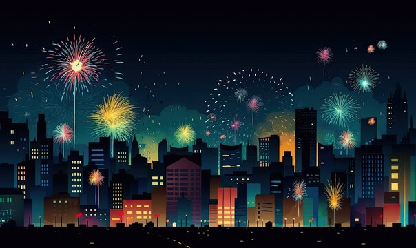 Illustration of a festive fireworks display over the city at night scene for holiday and celebration background design, generative AI