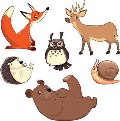 Wood Animals. Funny cartoon and vector isolated characters.