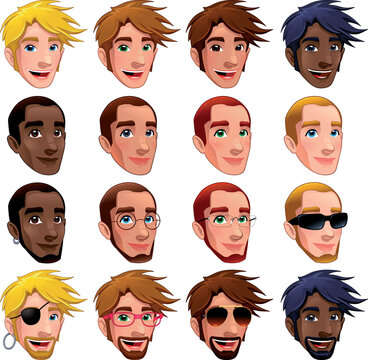 Male faces, vector isolated characters. Glasses, sunglasses and earrings are isolated and interchangeable.