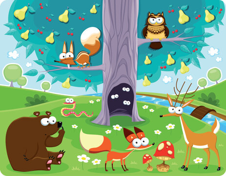 Animals and tree. Vector and cartoon illustration