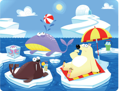 Summer or Winter at the North Pole. Cartoon vector illustration.