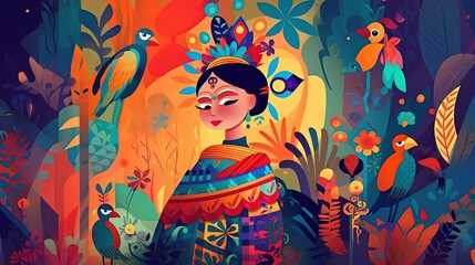 cute fairytale children book style illustration character art, cute fairytale tribal Guatemala princess in forest, Generative Ai