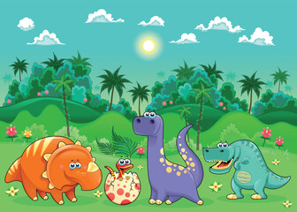 Fototapeta na wymiar Funny dinosaurs in the forest. Cartoon and vector illustration