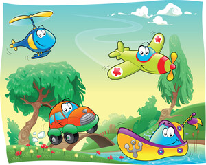 Funny vehicles in the countryside. Cartoon and vector illustration.