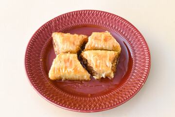 Turkish Dessert Sobiyet Baklava, mussels baklava and classic baklava with Pistachio . Didye, Cevizli, Fistikli Baklava, top view.