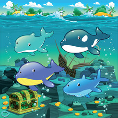 Obraz na płótnie Canvas Seascape with treasure, galleon and fish. Vector cartoon illustration