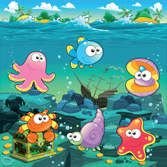 Naklejka na ściany i meble Seascape with treasure, galleon and fish. Vector cartoon illustration