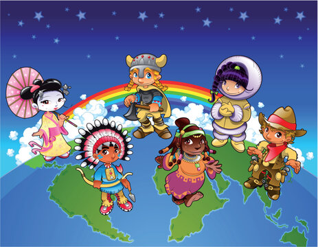 Kids from all over the world. Funny cartoon and vector illustration