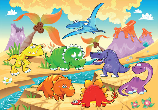 Dinosaurs rainbow in landscape. Funny cartoon and vector illustration