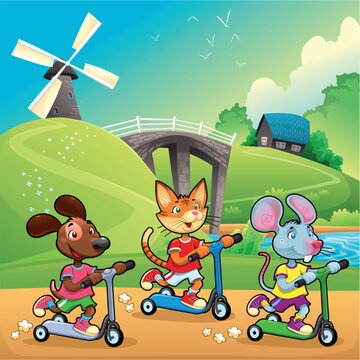 Pets are going for a ride in the countryside. Cartoon and vector illustration