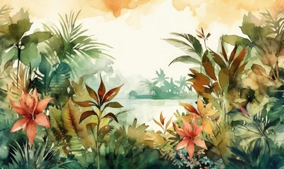 Fotobehang Watercolor tropical summer background with vegetation, generative AI © Enigma