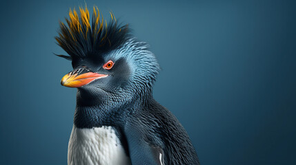Portrait of funny Macaroni penguin with trendy haircut on the blue background with copy space, photorealistic illustration, generative AI - obrazy, fototapety, plakaty