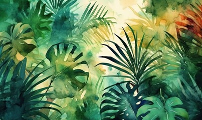 Fototapeta na wymiar Watercolor tropical summer background with vegetation, generative AI