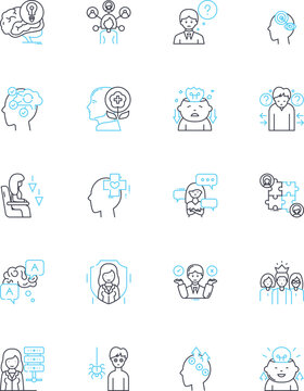 Cognitive Healing linear icons set. Neuroscience, Mindfulness, Cognitive Rehab, Resilience, Neural Plasticity, Emotional Intelligence, Neuroplasticity line vector and concept signs. Cognitive Training