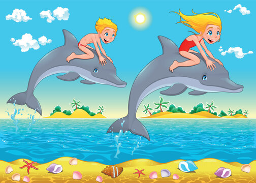 Boy, girl and dolphin in the sea. Cartoon vector illustration.