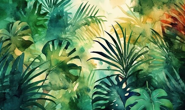 Watercolor tropical summer background with vegetation, generative AI