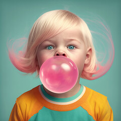 Illustrated portrait of a of girl chewing pink gum and making bubble gum balloons. Illustration. Generative AI - obrazy, fototapety, plakaty