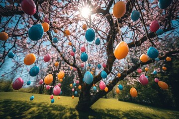Fototapeta na wymiar Colorful eggs hang from cherry trees, symbolizing happy Easter Day. Generative AI