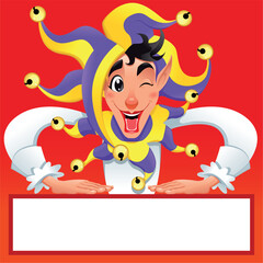Naklejka premium Funny Jocker smiling with white frame. Vector cartoon illustration.