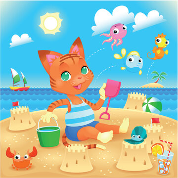 Young cat makes castles on the beach. Funny cartoon and vector illustration, you can play Find The Difference between other similar images on my portfolio.