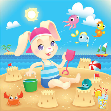 Young rabbit makes castles on the beach. Funny cartoon and vector illustration