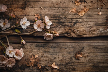 Obraz na płótnie Canvas Pink sakura blossom on wooden background. Generative ai