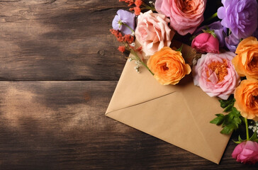 Pink roses with kraft envelope. Generative ai