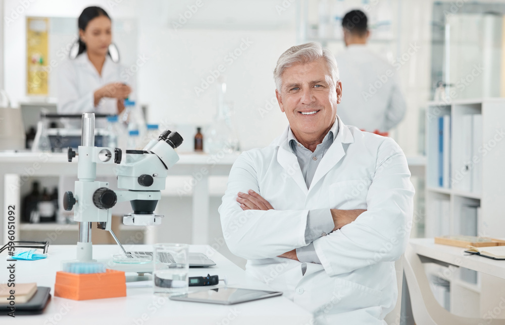 Poster my next discovery will be huge. portrait of a senior scientist working in a lab.