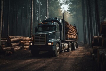 Fototapeta na wymiar A truck collecting logs in the woods. Generative AI