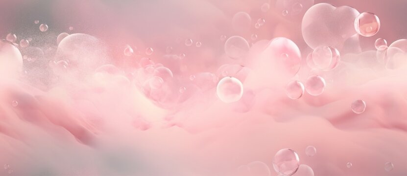 Ethereal blur and gentle pastel pink background with whimsical bubbles, featuring a lovely watercolor effect and scattered bokeh elements. Soft pink texture with delicate wisps of smoke and clouds.
