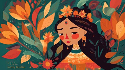 cute fairytale children book style illustration character art, cute fairytale tribal Philippines princess in forest, Generative Ai