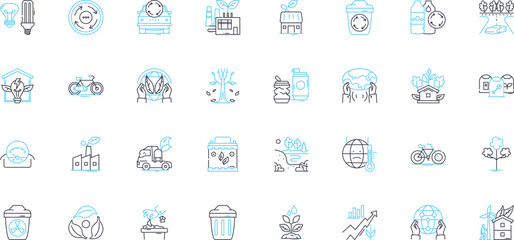 Environmental progressions linear icons set. Sustainability, Renewable, Eco-friendly, Conservation, Biodiversity, Greenhouse, Carbon-neutral line vector and concept signs. Emissions,Pollution