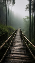 bridge in the bamboo forest on a rainy warm summer day. drizzle and fog.Generative AI