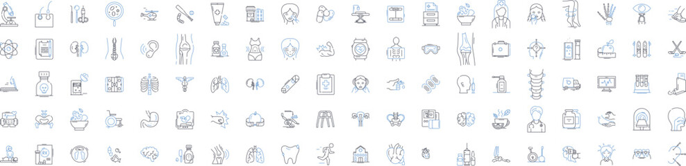 Medical technology line icons collection. Ultrasonography, Radiology, Endoscopy, Echocardiography, Pharmacology, Immunotherapy, Telemedicine vector and linear illustration. Nanotechnology,Gene therapy