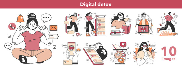 Digital detox set. Female and male haracter taking a break from digital device