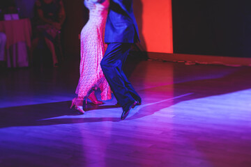 Couples dancing traditional latin argentinian dance milonga in the ballroom, tango salsa bachata kizomba lesson in the red and purple lights, dance school class festival