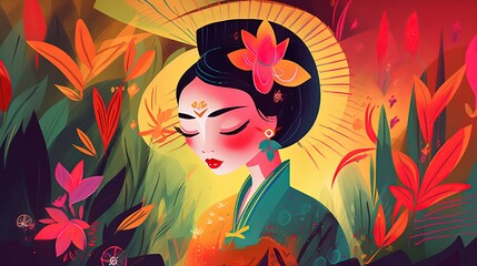 cute fairytale children book style illustration character art, cute fairytale tribal Vietnam princess in forest, Generative Ai