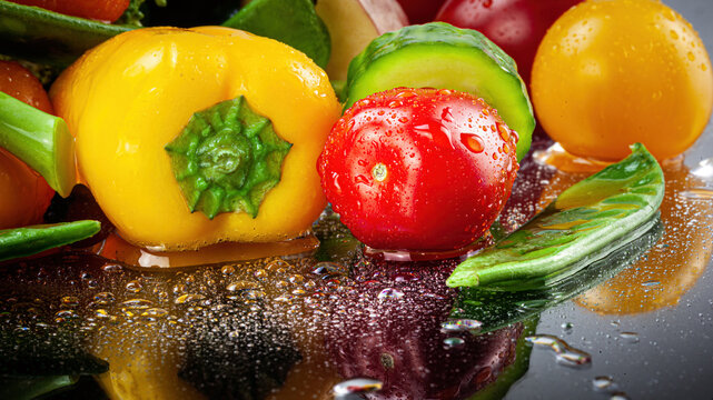 shining fresh vegetables closeup on black background