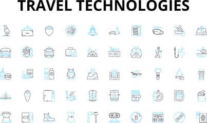 Fototapeta na wymiar Travel technologies linear icons set. Geolocation, E-ticketing, Virtual reality, Mobile booking, Loyalty, Wi-Fi, Artificial intelligence vector symbols and line concept signs. Augmented reality,Big
