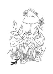 Fairy tale mushroom coloring page line illustration