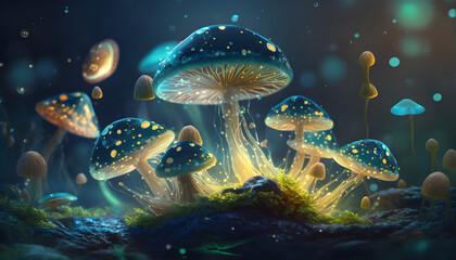 Magical mushrooms in dark mystery forest - obrazy, fototapety, plakaty