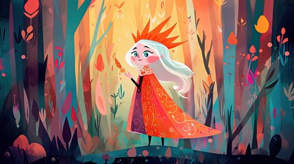 cute fairytale children book style illustration character art, woman wizard walking in jungle, Generative Ai