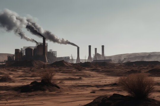 view of a barren desert landscape with a factory in the background emitting smoke and pollution, representing the environmental destruction caused by human activity.