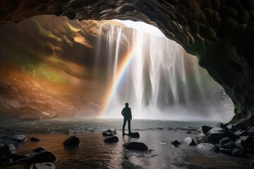 person standing in front of cave under waterfall on sunset Generative AI