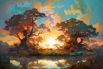 Obraz na płótnie Canvas modern fine art painting of two fushia bougainvillea trees