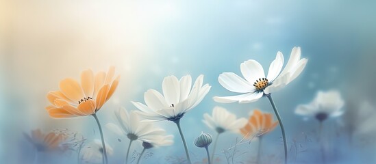 Fototapeta na wymiar spring white daisy flowers blossom field banner background, Generative Ai