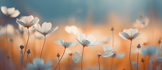 spring white daisy flowers blossom field banner background, Generative Ai