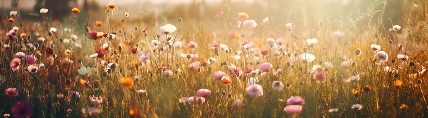 summer and spring flower grass field, wildflower field, Generative Ai - obrazy, fototapety, plakaty