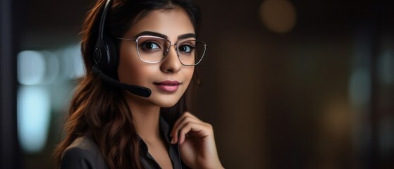 Call center, middle eastern young woman and smile in contact us with CRM, headset with mic. Customer service consultant, happy female and telemarketing with sales and help desk. Generative AI - obrazy, fototapety, plakaty