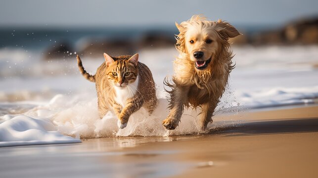 cute cat run and play with dog at beach, Generative Ai